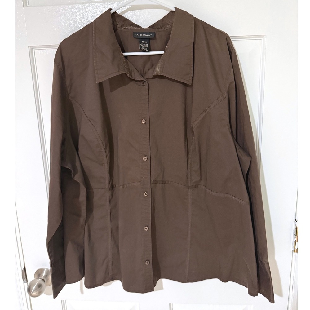 Lane Bryant Brown Button Down Long Sleeve Shirt Plus Size 26/28 Stretch Cotton